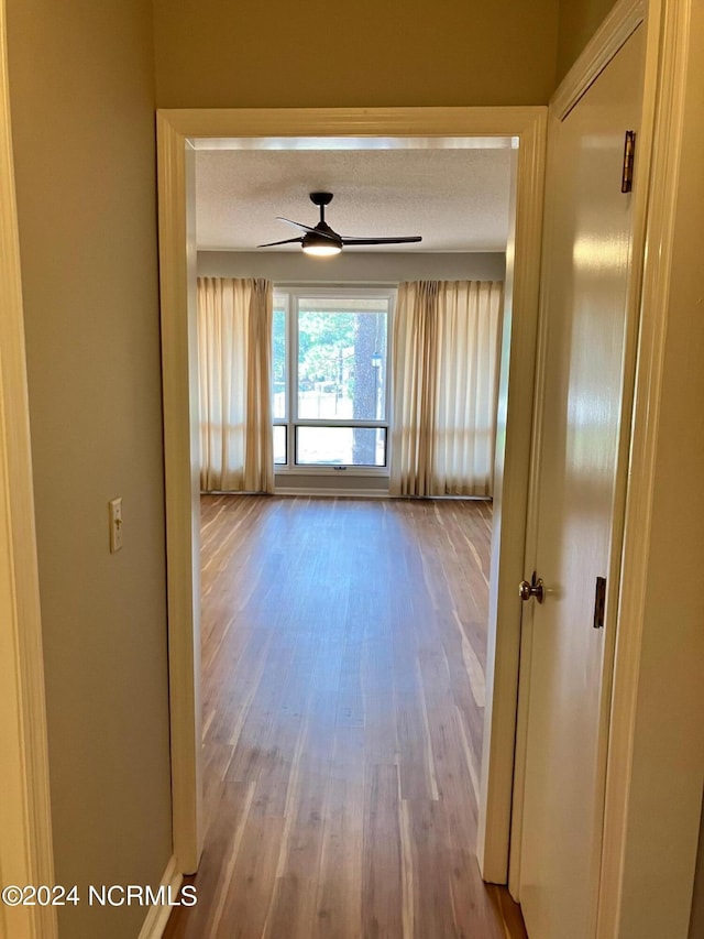 corridor featuring a textured ceiling and wood finished floors