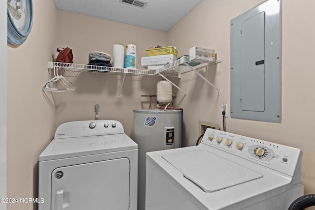 laundry area with laundry area, electric panel, water heater, and separate washer and dryer