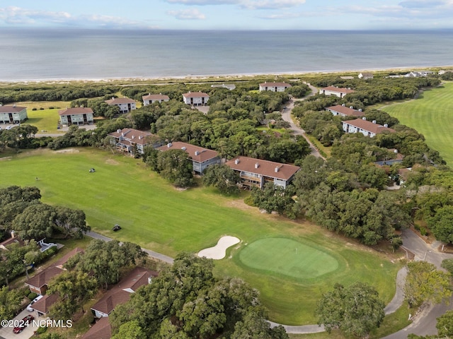 drone / aerial view featuring a water view and golf course view