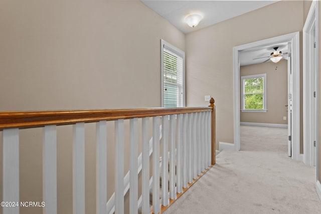 hallway with baseboards and light carpet