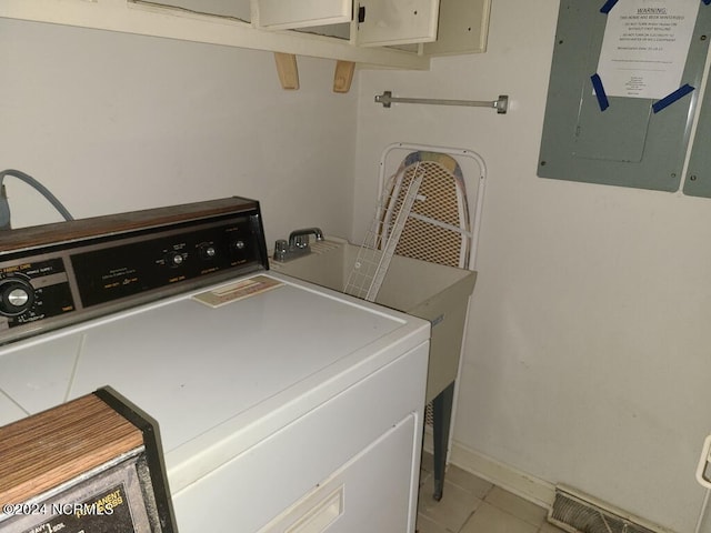 laundry area with washer / dryer, cabinet space, electric panel, visible vents, and baseboards