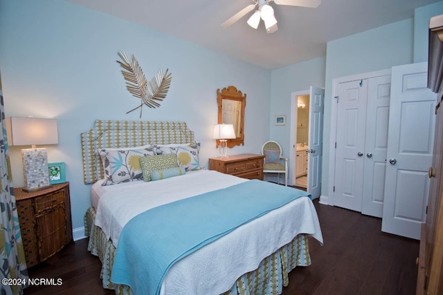 bedroom with connected bathroom, a ceiling fan, baseboards, a closet, and dark wood finished floors