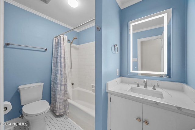 full bathroom with vanity, ornamental molding, toilet, and shower / bathtub combination with curtain