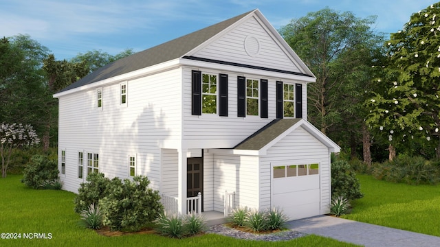 view of front facade featuring a front yard and a garage