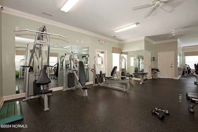 gym with ceiling fan and crown molding