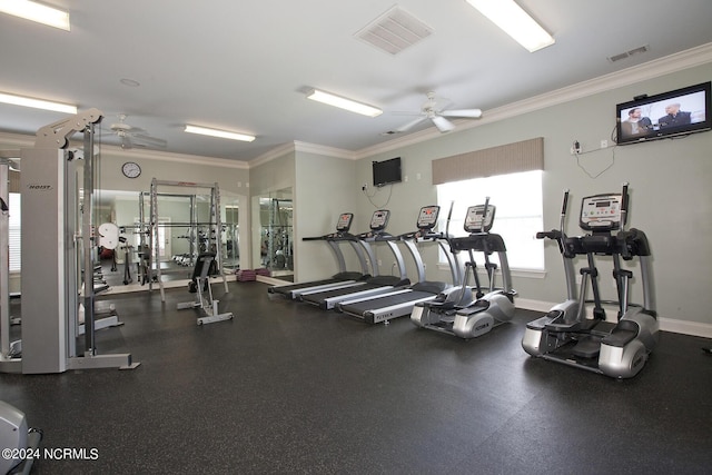 exercise room with ornamental molding, visible vents, and a ceiling fan