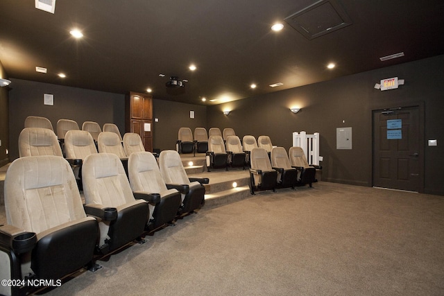 home theater room with carpet, visible vents, and recessed lighting