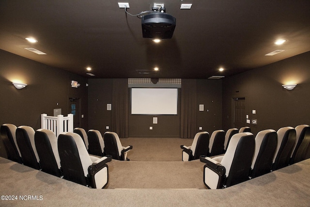 home theater room with carpet floors, visible vents, and recessed lighting