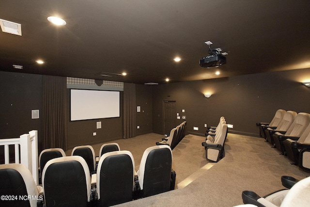 home theater room with carpet, visible vents, baseboards, and recessed lighting