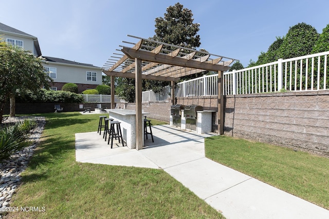 exterior space with exterior kitchen, a fenced backyard, outdoor dry bar, and a pergola