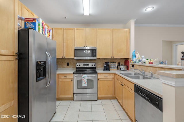 kitchen with light brown cabinetry, appliances with stainless steel finishes, sink, decorative backsplash, and ornamental molding