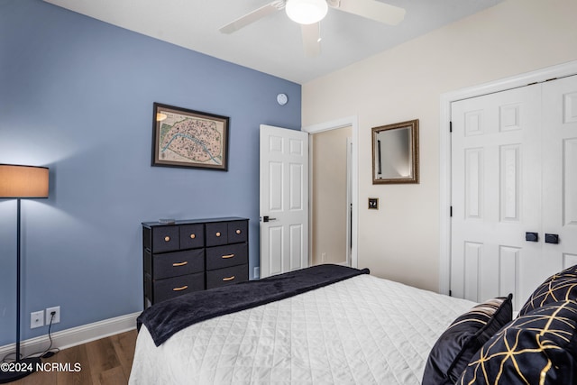 bedroom featuring ceiling fan, dark wood-type flooring, and a closet