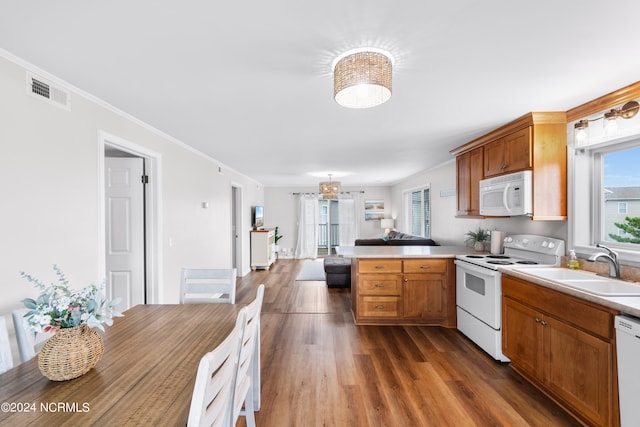 kitchen featuring sink, white appliances, dark wood-type flooring, ornamental molding, and kitchen peninsula