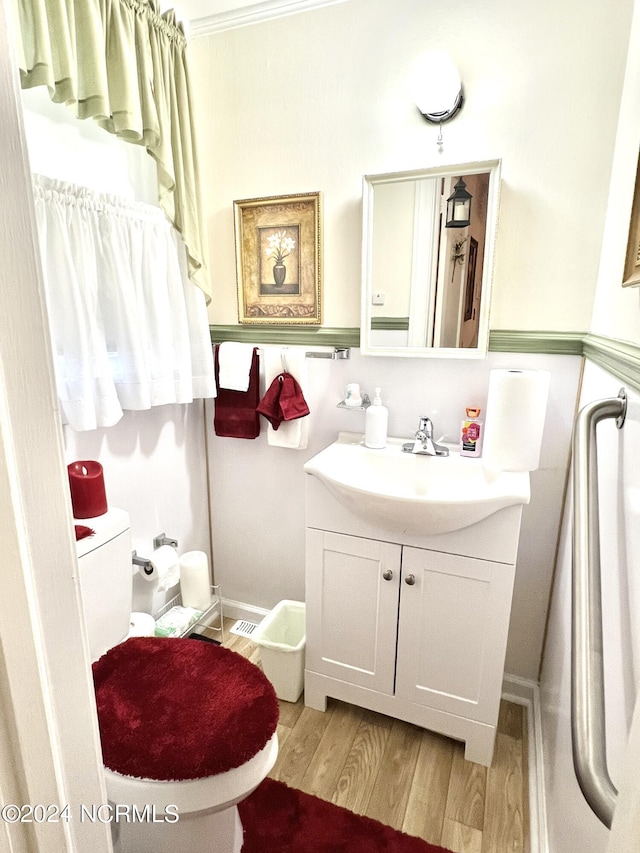 bathroom featuring vanity, hardwood / wood-style floors, and toilet