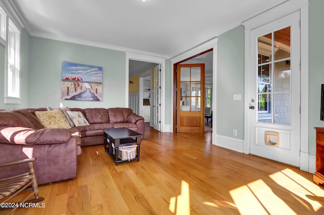 living room featuring light wood-type flooring and crown molding