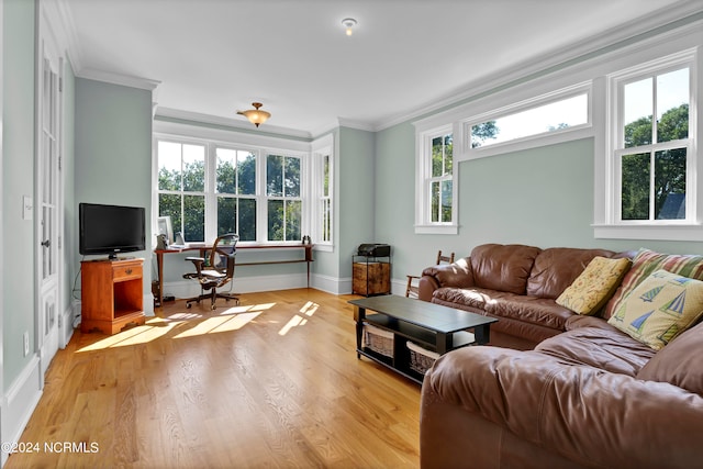 living room with light hardwood / wood-style flooring and ornamental molding