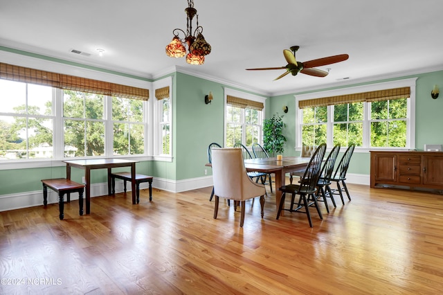 dining room featuring light hardwood / wood-style flooring, crown molding, and ceiling fan with notable chandelier