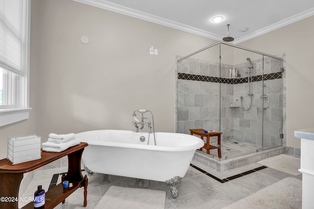 bathroom with crown molding, plus walk in shower, and tile patterned flooring