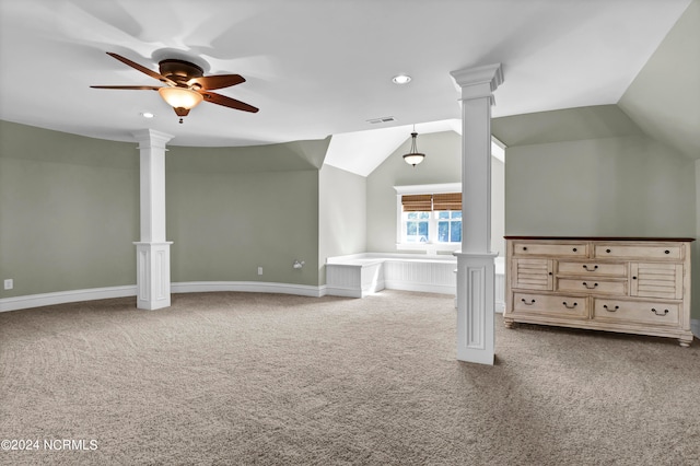 bonus room featuring ceiling fan, light carpet, vaulted ceiling, and ornate columns