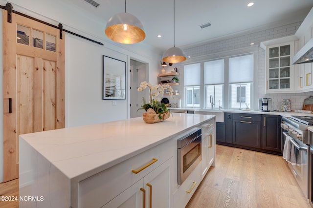 kitchen featuring a barn door, white cabinets, appliances with stainless steel finishes, glass insert cabinets, and pendant lighting