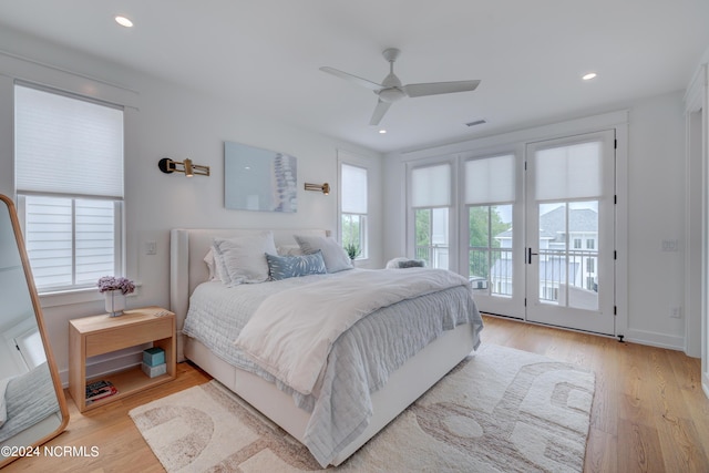 bedroom featuring access to exterior, recessed lighting, visible vents, ceiling fan, and light wood-type flooring