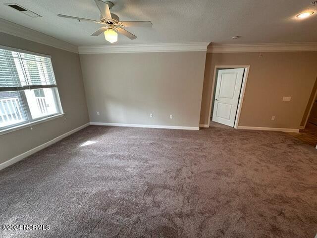 spare room with ceiling fan, carpet, crown molding, and a textured ceiling