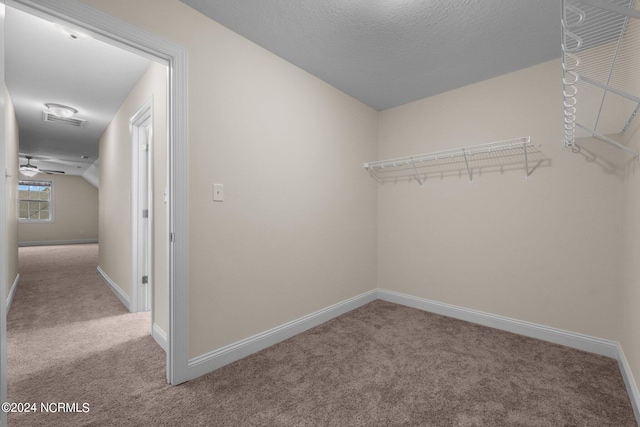 walk in closet featuring light carpet and ceiling fan