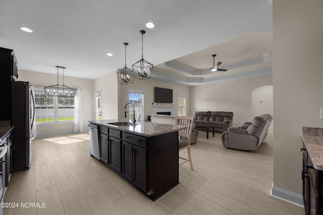 kitchen with appliances with stainless steel finishes, sink, an island with sink, light hardwood / wood-style floors, and pendant lighting