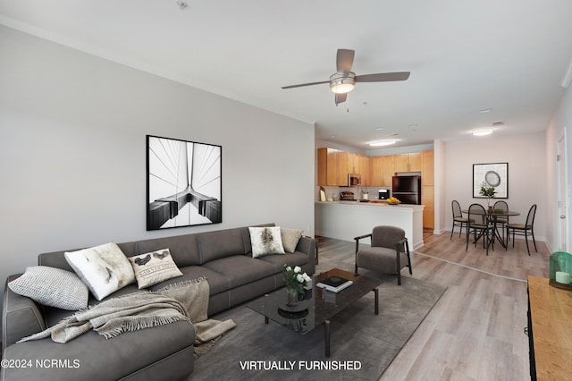 living room featuring ceiling fan and light hardwood / wood-style flooring