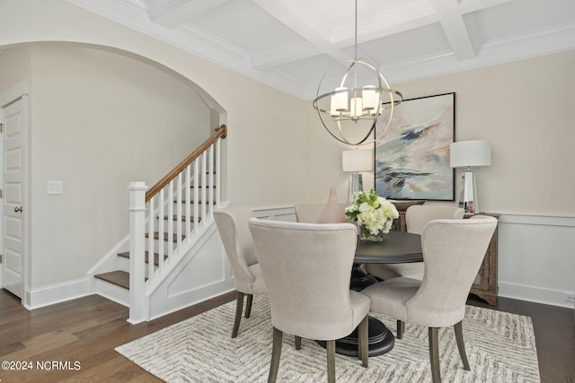 dining area featuring coffered ceiling, ornamental molding, dark hardwood / wood-style floors, a notable chandelier, and beam ceiling