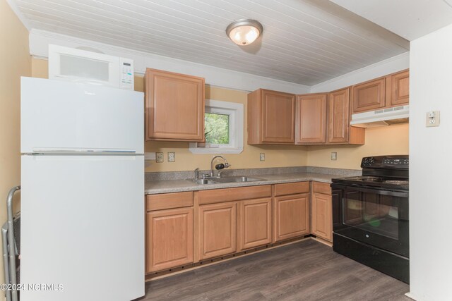 kitchen with white fridge, ornamental molding, sink, and black range with electric cooktop