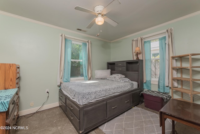 bedroom featuring crown molding and ceiling fan