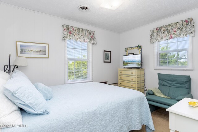 bedroom with carpet and a textured ceiling