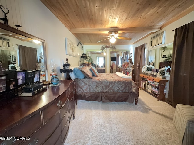 bedroom featuring a ceiling fan, a wall unit AC, wooden ceiling, beamed ceiling, and carpet floors