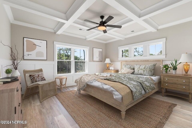 bedroom with light wood-type flooring, beamed ceiling, coffered ceiling, and visible vents