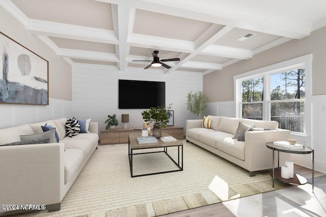 living area with visible vents, coffered ceiling, beam ceiling, and wood finished floors