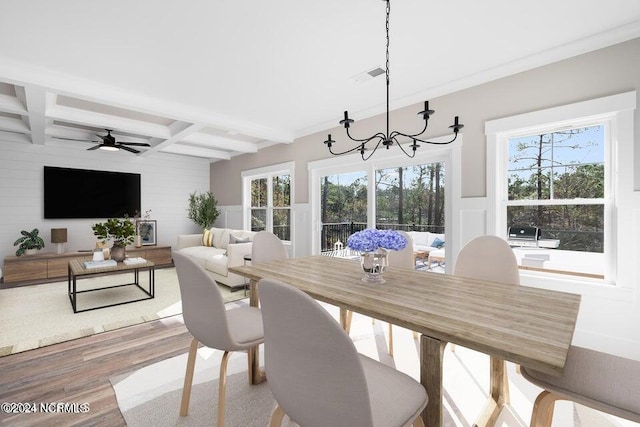 dining room with visible vents, a decorative wall, wood finished floors, coffered ceiling, and beamed ceiling