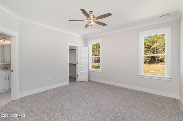 unfurnished bedroom featuring crown molding, multiple windows, and light carpet