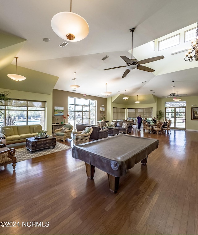 recreation room with pool table, vaulted ceiling, wood finished floors, a ceiling fan, and healthy amount of natural light