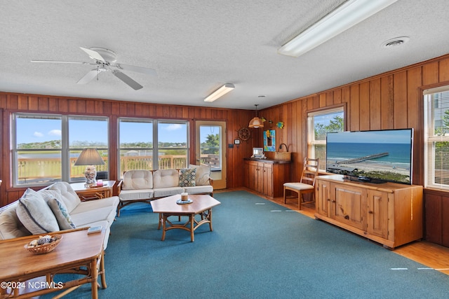 living room with a textured ceiling, plenty of natural light, and carpet floors