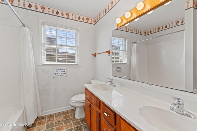 full bathroom with shower / bath combination with curtain, double vanity, toilet, and tile patterned floors