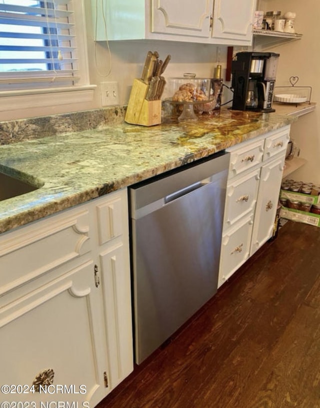 kitchen featuring dishwasher, light stone counters, dark wood-style floors, and white cabinets