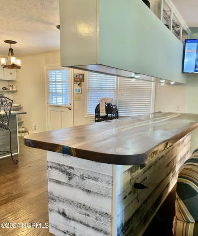 kitchen with wood finished floors, butcher block countertops, and hanging light fixtures