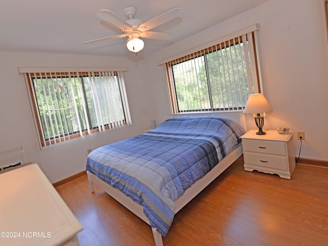 bedroom with multiple windows, light wood-style flooring, and baseboards