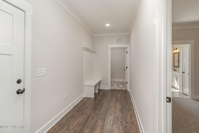 hall featuring dark wood-type flooring and ornamental molding