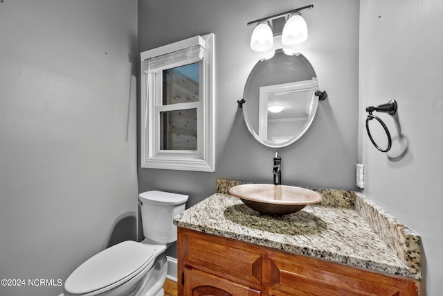 bathroom with vanity, toilet, and hardwood / wood-style floors