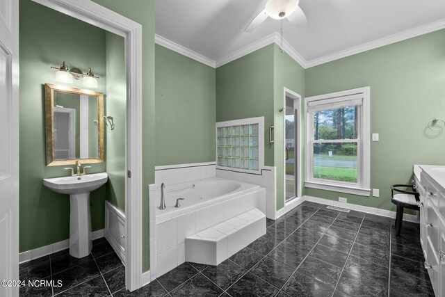 bathroom with ceiling fan, crown molding, sink, and tile patterned flooring