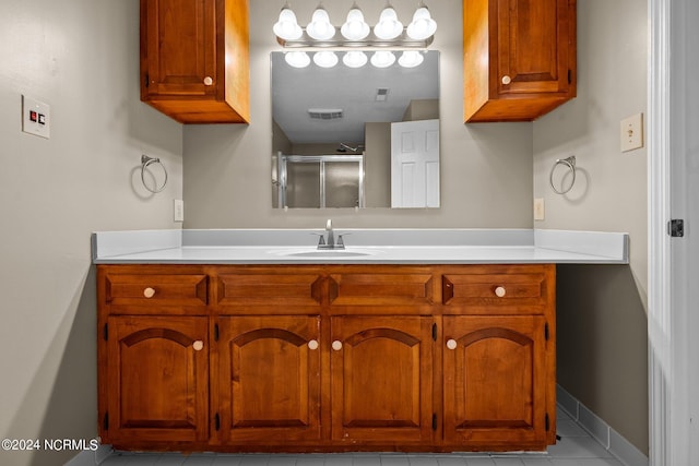 full bath featuring a shower stall, visible vents, baseboards, and vanity