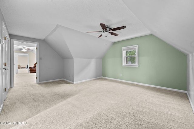 additional living space with a textured ceiling, vaulted ceiling, baseboards, and light colored carpet