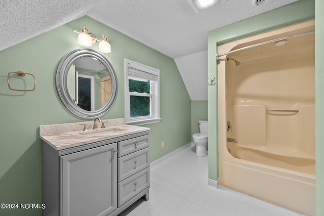 bathroom with a textured ceiling, shower / bathtub combination, lofted ceiling, toilet, and vanity
